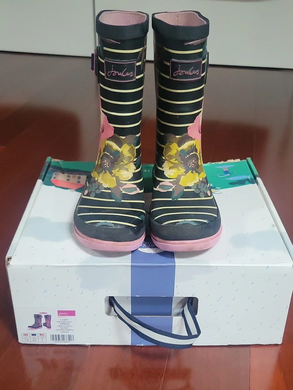 Joules Welly Print Navy Stripe + Floral Rain Boots